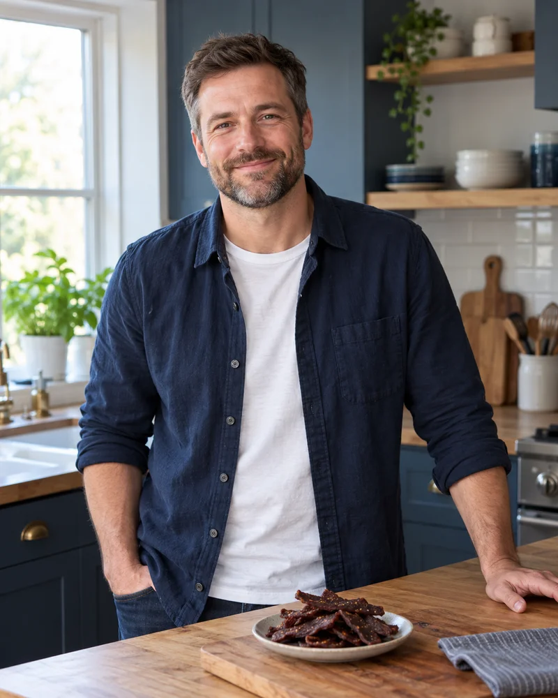 AI-created portrait of Wade, our storytelling host, in a navy overshirt at a kitchen counter with homemade jerky.